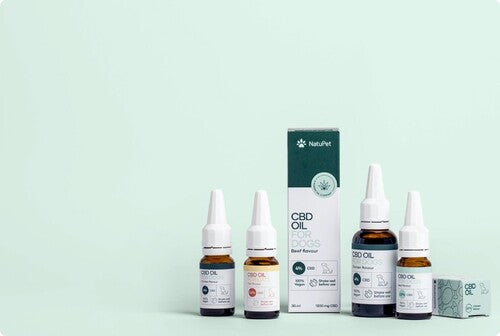 Todos os produtos de estimação CBD da Nordic Oil estão sobre um fundo verde.