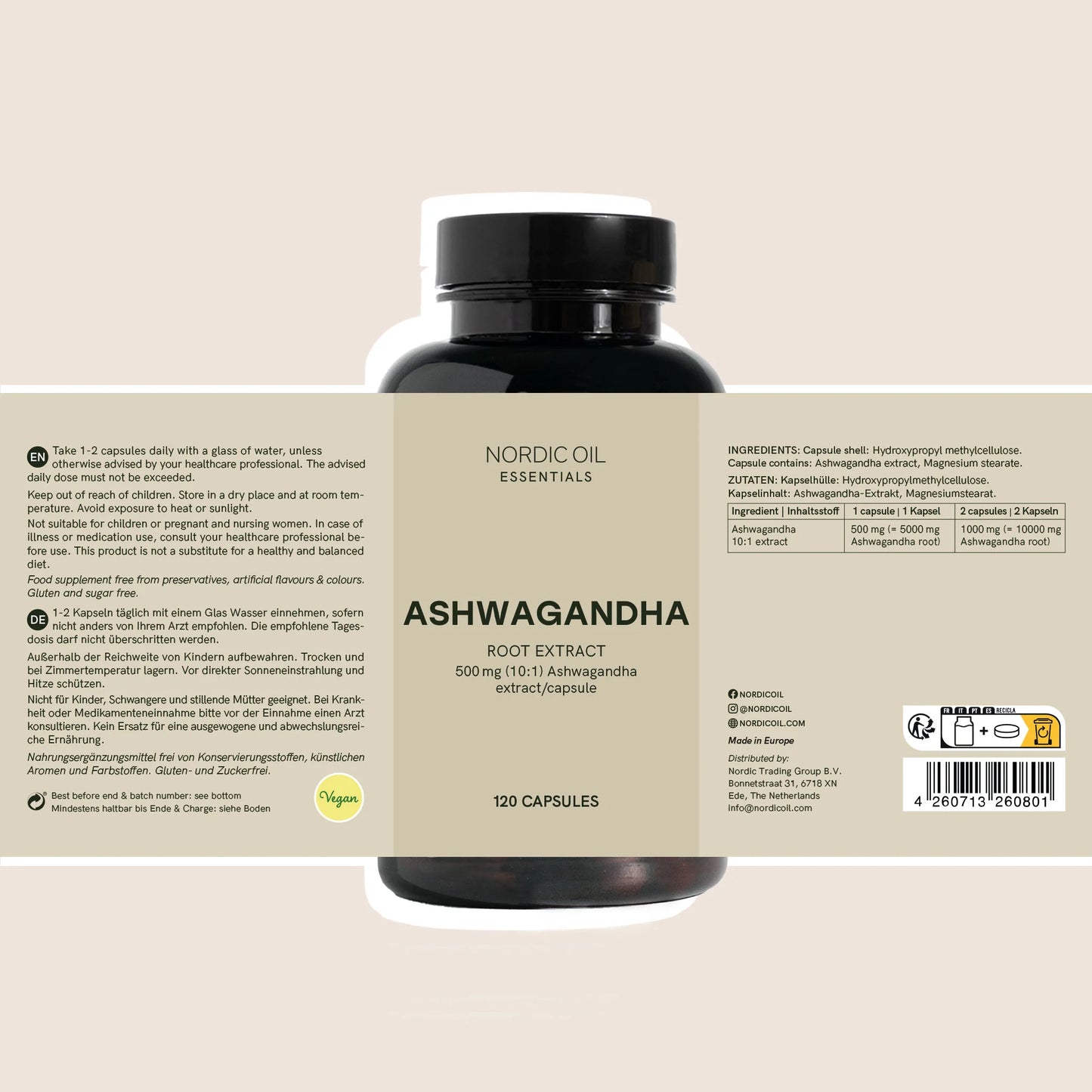 Frasco de cápsulas com extrato de raiz de ashwagandha (Ashwagandha) – Nordic Oil Essentials, 120 cápsulas