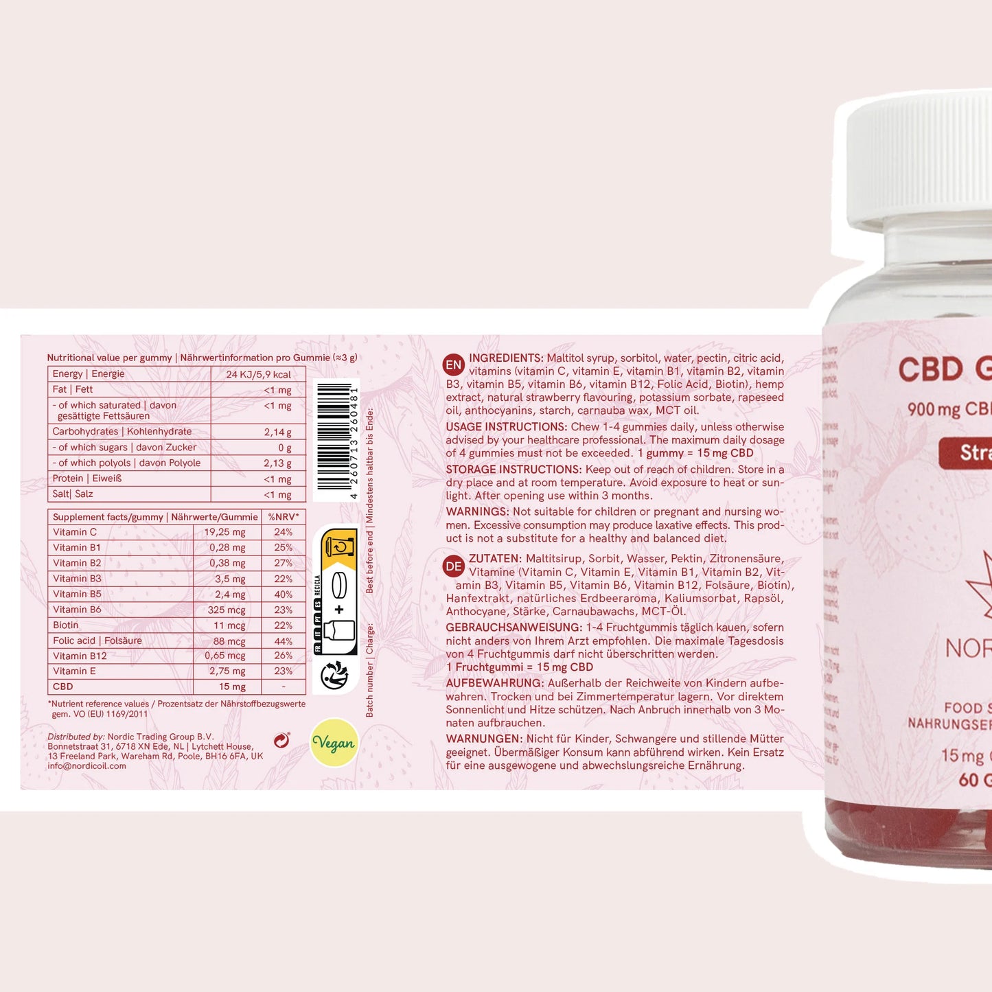Rótulo traseiro de suplemento de CBD Nordic Oil, com tabela nutricional e lista de ingredientes.