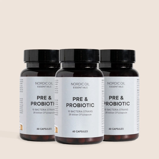 Três frascos de cápsulas PRE & PROBIOTIC da Nordic Oil Essentials