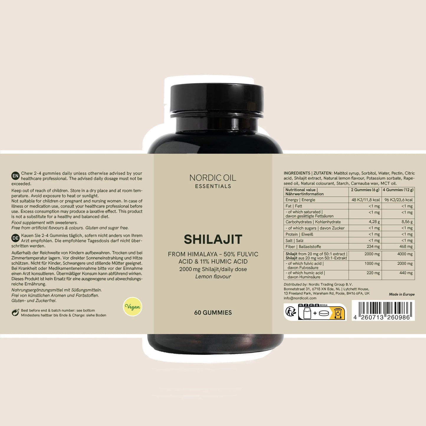 Frasco de gomas de Shilajit da Nordic Oil Essentials, com rótulo bege.