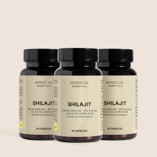 Três frascos de cápsulas Shilajit da Nordic Oil Essentials