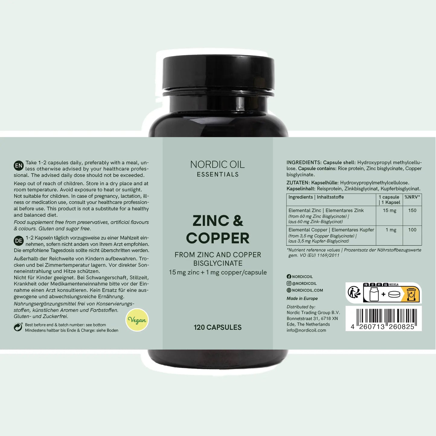 Frasco de Nordic Oil Essentials: Zinco e Cobre (bisglicinato), 120 cápsulas.