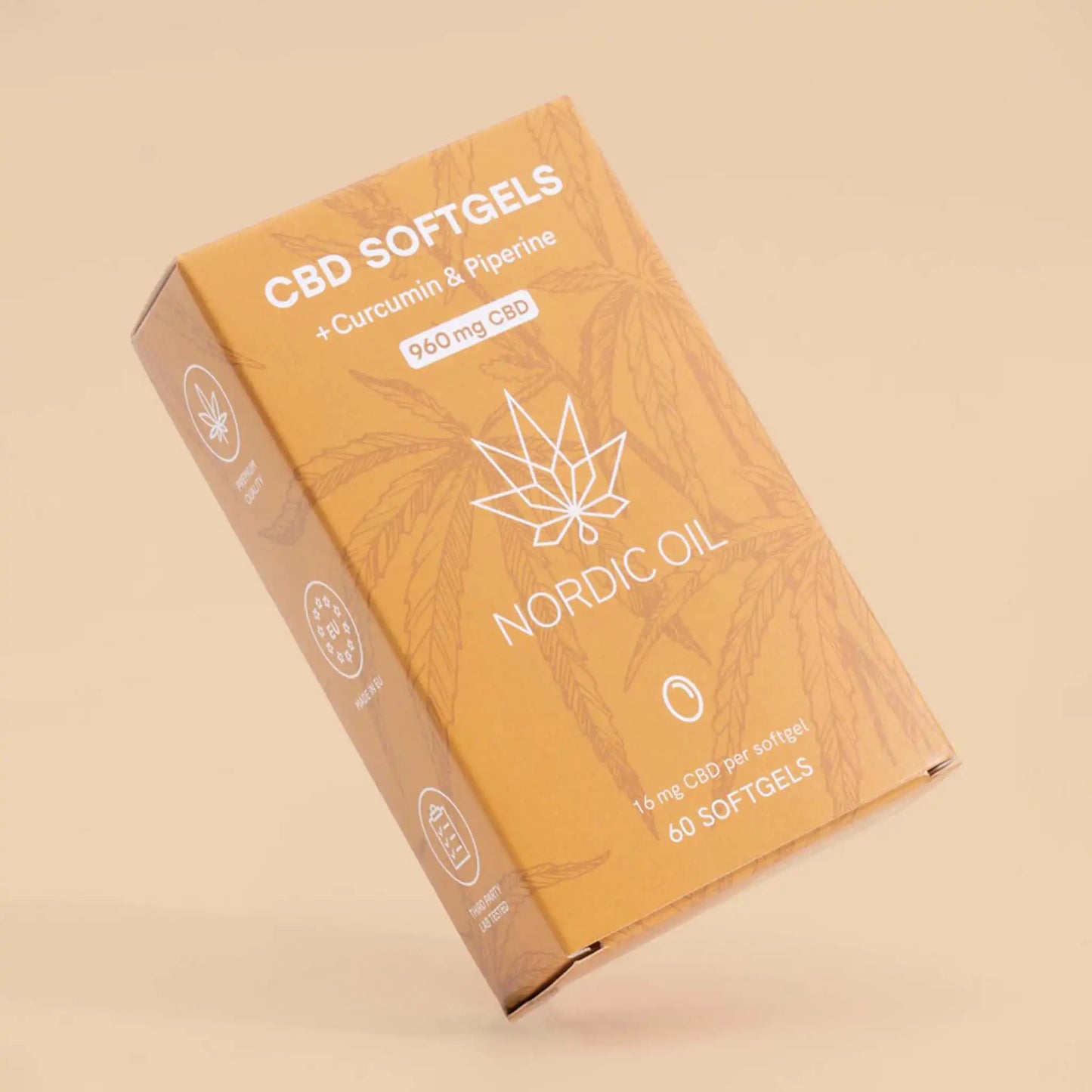 A embalagem 3POR2 cápsulas de CBD (960mg) está na extremidade esquerda, sobre um fundo cor-de-laranja.
