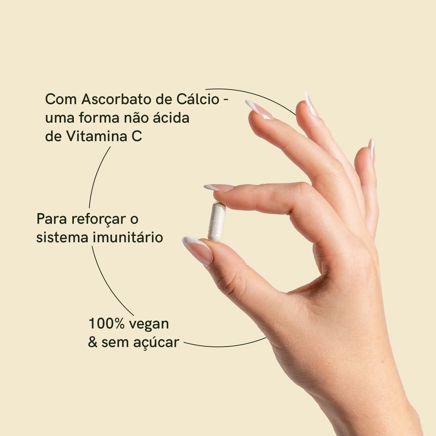 uma mão segura uma cápsula de vitamina c com a descrição